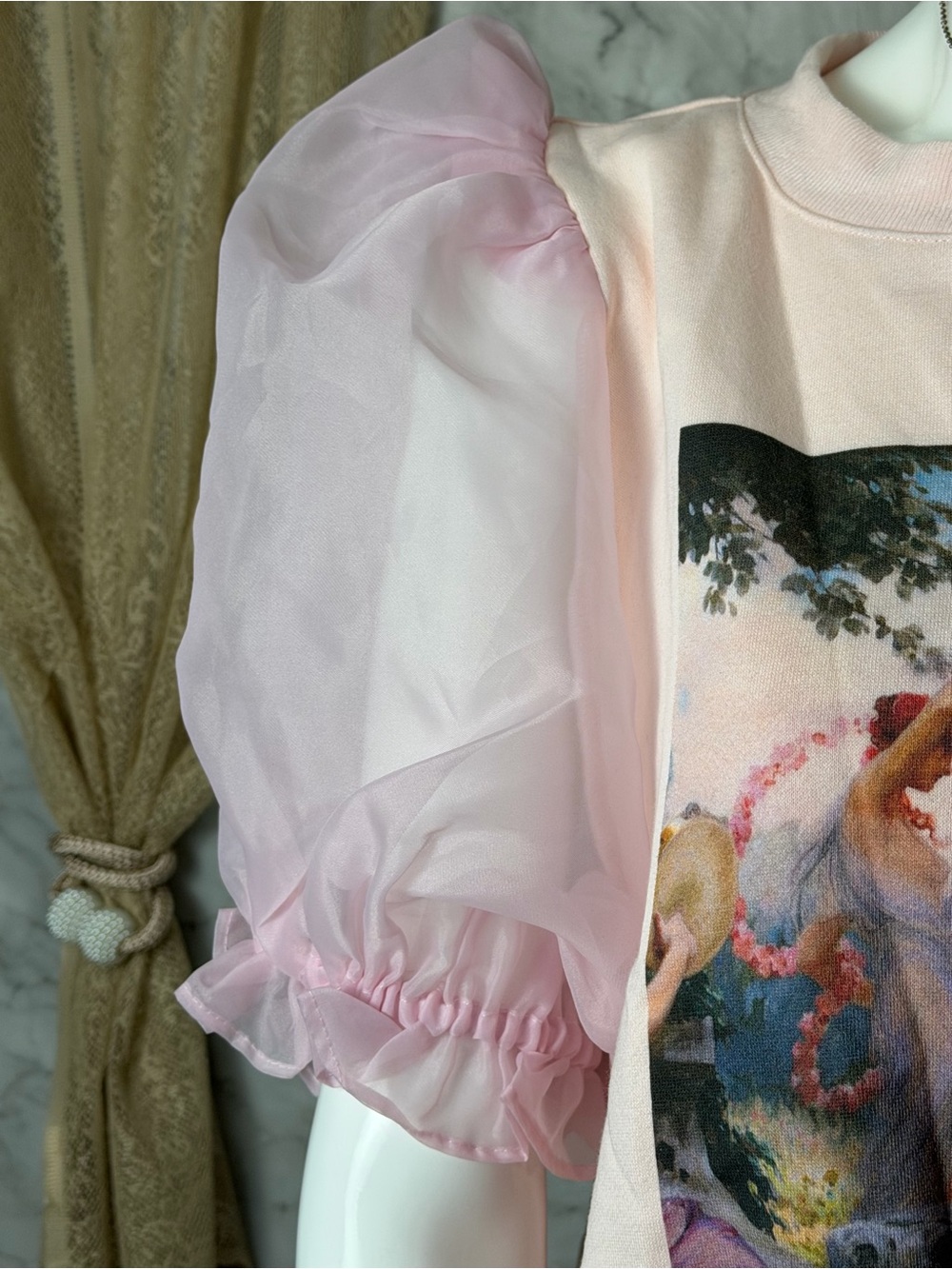 Selkie Pink Puff Sleeve Sweatshirt Romantic Art Print Coquette Fairycore Size L - Picture 6 of 16